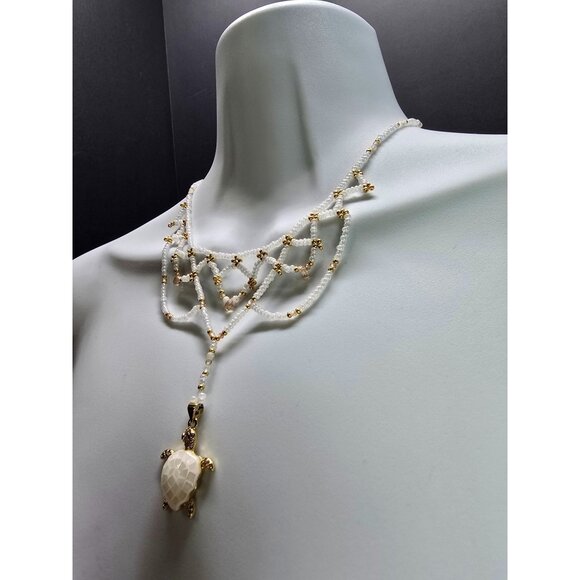 18k Gold Plated Moonstone Peach Champagne Zircon Beaded Necklace Turtle Pendant - Picture 4 of 9